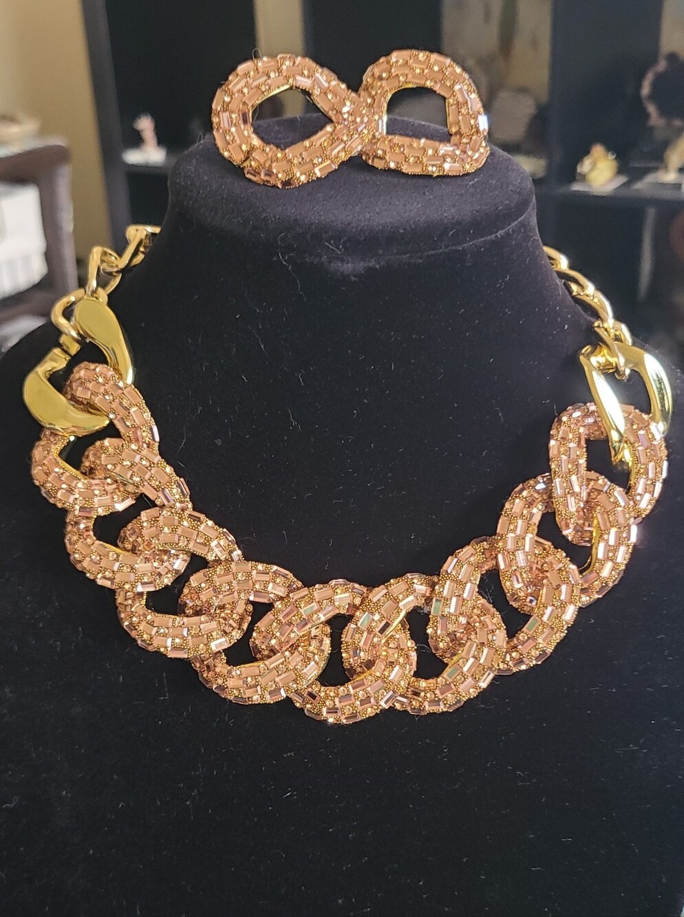 Crystal-Embellished Gold Tone Link Necklace and Earrings in Champagne
